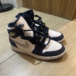 Nike Air Jordan 1 Mid Navy White Gold Swoosh Sneakers